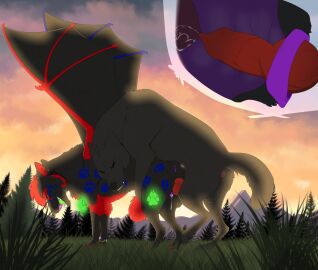 animal_genitalia animal_penis animal_pussy black_body black_fur black_wings blue_markings bodily_fluids canid canine_genitalia canine_penis canine_pussy closed_eyes cum cum_in_pussy cum_inside cutaway duo erection fangs female female_penetrated feral feral_on_feral feral_penetrated feral_penetrating feral_penetrating_feral from_behind_position fur genital_fluids genitals glowing glowing_markings grass green_markings green_tongue grey_body grey_fur hair internal knot male male/female male_penetrating male_penetrating_female mammal markings membrane_(anatomy) membranous_wings open_mouth outside penetration penile penile_penetration penis penis_in_pussy plant purple_pussy pussy red_body red_fur red_hair red_penis sex side_view sky sunset teeth tongue tree unbreakable-warrior vaginal_penetration wings