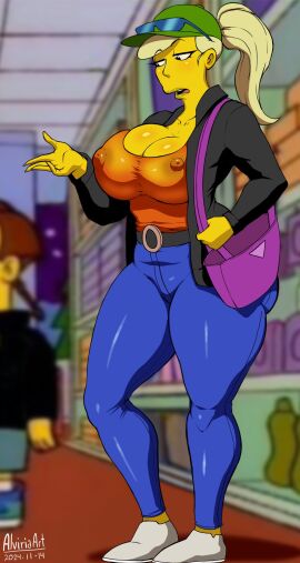 1girls 20th_century_studios accurate_art_style alviriaart ass big_ass big_breasts blonde_hair breasts busty female female_focus female_only gavin's_mom hat huge_breasts jacket jeans large_breasts milf mother nipple_bulge pants ponytail purse shirt shoes single_mom sunglasses sunglasses_on_head the_simpsons thick_thighs voluptuous_female wide_hips yellow_body yellow_skin