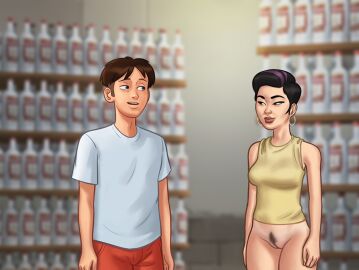 1boy 1girls 2d black_hair bottomless brown_hair clothed clothing darkcookie digital_drawing_(artwork) digital_media_(artwork) female half-dressed half_naked horny horny_male khadne_(summertime_saga) light-skinned_female light_skin looking_at_partner main_character_(summertime_saga) male male/female pubic_hair pussy pussy_lips russian russian_female smile smiling standing summertime_saga tank_top two-tone_hair vagina