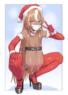 1girls areola areolae arm_sleeves bangs bangs_between_eyes belt black_belt blonde_female blonde_hair breast_belt breast_milk breasts buckle censor_bar censored christmas collar dark-skinned_female dark_skin druid elf elf_ears face_mask facemask female fur_collar fur_trim fur_trim_(clothing) hair_between_eyes high_heels hololive hololive_fantasy hololive_japan large_breasts leaking leaking_breasts leaking_milk leebongchun long_breasts long_hair mask masked masked_female nipples peace_sign pointy_ears red_eyes red_gloves red_nippls red_sleeves red_thighhighs sagging_breasts santa_bikini shiranui_flare sidelocks sleeve_gloves solo squatting stiletto stilettos streaked_hair sweat sweaty_breasts thighhighs two-tone_hair v very_long_hair virtual_youtuber white_hair white_mask