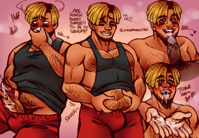 1boy bara bara_tiddies bara_tits blowjob blowjob_face breasts cum cum_drip cum_on_body cum_on_breasts cum_on_face cumshot date_everything dunk_shuttlecock_[duncan_full-nelson_fartlek_love_shuttlecock_iii]_(date_everything) gay gay_domination gay_male gay_sex jerking_off jerkingoff junjomonstah male male_only malesub masturbating masturbation penis sketch_page stroking_penis yaoi