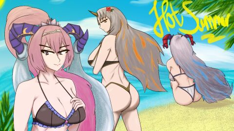 1_horn 3girls alternate_costume ass back backboob bare_arms bare_back bare_shoulders bare_thighs beach big_ass bikini black_bikini black_swimsuit blue_hair breasts cleavage collarbone female female_only fire_emblem fire_emblem_heroes flower freyja_(fire_emblem) grey_hair gullveig_(fire_emblem) hair_flower hand_on_own_chest heart-shaped_pupils horns large_breasts long_hair looking_at_viewer looking_back mature mature_female medium_breasts multicolored_hair multiple_females multiple_girls nerthuz_(fire_emblem) nintendo ocean official_alternate_costume orange_hair outdoors palm_tree pink_hair ponytail purple_eyes shoulders sitting smile soleil_azure swimsuit symbol-shaped_pupils thighs tree upper_body very_long_hair white_bikini white_swimsuit yellow_bikini yellow_eyes yellow_swimsuit