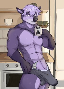 abs anthro bulge clothed clothing coffee_mug deer detailed_bulge financial_domination hi_res looking_at_viewer male mammal mir_(mirdrains) money money_in_underwear morning_after papayaa purple_body purple_eyes seductive shirtless shirtless_anthro solo underwear underwear_only