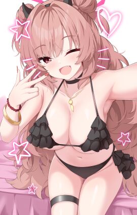 absurdres alternate_costume bikini black_choker black_horns blue_archive breasts choker cleavage double_bun enru face_filter fake_horns female fingernails frilled_bikini frills gehenna_academy_student gold_necklace hair_bun hair_intakes halo hand_up heart highres horns jewelry kirara_(blue_archive) large_breasts long_fingernails long_hair looking_at_viewer nail_polish navel necklace oerba_yun_fang on_bed one_eye_closed outstretched_arm pink_eyes pink_hair pink_halo red_nails simple_background sitting solo sparkle_club_(blue_archive) star_(symbol) swimsuit w white_background