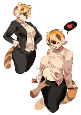 anthro big_breasts breasts business_suit chubby chubby_female closed_eyes cute_fang eyes_closed feline female furry huge_breasts mei_xiang mx99926 office_lady short_hair suit thick_thighs tiger tiger_girl wide_hips