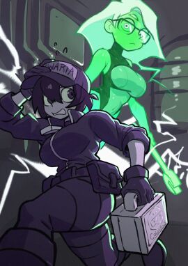 2girls awaria blue_hat colo colo_(nagrolaz) colored_skin female ghost glasses green_eyes green_hair green_skin hand_on_own_head hat highres holding holding_wrench looking_at_another multiple_females multiple_girls no_sex running safe_for_work ula_usterka wrench zmora