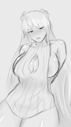 1girls artneika_(artist) boob_window bottomless breasts curvy curvy_figure dot_eyes female hana_(jaf_lol) large_breasts long_hair no_color original_character sweater