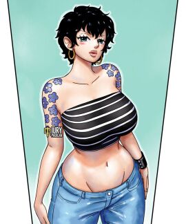 1girls 2024 arm_tattoo artist_name belly_button big_breasts black_hair blue_eyes bracelet breasts busty clothed clothed_female clothing crop_top denim doll_(one_piece) earrings eyelashes female female_only flower_tattoo front_view fully_clothed hair hi_res hoop_earrings human iury_padilha jeans large_breasts light-skinned_female light_skin looking_at_viewer lowleg lowleg_pants midriff navel one_piece pelvic_line short_hair simple_background solo standing stomach tattoo tattoos vice_admiral