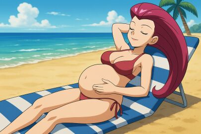 ai_generated beach bikini breasts closed_eyes jessie_(pokemon) milf pregnant pregnant_belly pregnant_female sexy sexy_pose