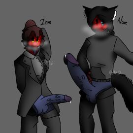 2boys backrooms_creature balls best_friends black_clothing blue_eye blush cat_ears cat_tail cum dark-skinned_male dark_skin entity-68 fur grey_clothes grey_clothing huge_balls huge_cock male neko nervous oc original_character original_characters panting partypooper_(the_backrooms) penis precum red_eye red_mask smirk smirking_at_viewer solo_male sweat yellow_eyes