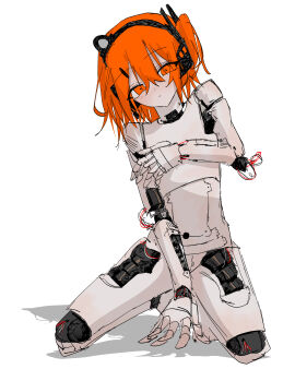 1girls a.i._voice adachi_rei android between_legs breasts closed_mouth completely_nude covering_breasts covering_privates female full_body h44ne1 hair_between_eyes hand_between_legs headlamp joints kneeling looking_at_viewer mechanical_parts medium_hair nude one_side_up orange_eyes orange_hair radio_antenna robot robot_girl robot_joints simple_background solo utau white_background