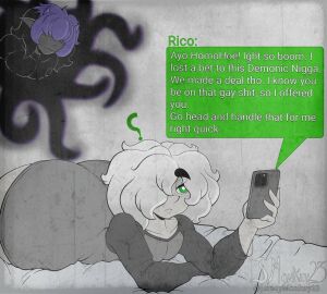 ass big_ass bottom_heavy demon demonkingdaemon femboy green_eyes hair_over_eyes hair_over_one_eye horns j.monkey23 male on_bed phone pointy_ears portal purple_hair question_mark revvie_(j.monkey23) text text_box white_hair wide_hips