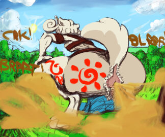 absurd_res amazonian anthro anus ass big_butt blue_clothing bluey_(series) canid canine canis chow_chow clenched_teeth clothing crouching domestic_dog fart fart_cloud fart_fetish farting_at_viewer female feral fluffy fluffy_tail fur genitals hi_res hidden ineffective_clothing landscape leather leather_strap mammal onomatopoeia plant raised_tail shrub solo sound_effects spitz straps tail tan_body tan_fur tattoo teeth text thick_thighs toiletrider69 toy_dog tree vulva wendy_(bluey)