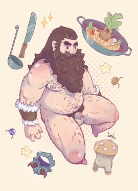 1boy bara beard belly brown_hair completely_nude disarmhope dungeon_meshi dwarf facial_hair fake_horns flaccid full_body hairy helmet highres horned_helmet horns invisible_chair knife long_beard male male_focus male_only male_pubic_hair moustache nude penis plump pubic_hair senshi_(dungeon_meshi) sitting solo sparse_arm_hair sparse_chest_hair sparse_leg_hair sparse_navel_hair stew thick_eyebrows thick_mustache uncensored unworn_headwear unworn_helmet very_long_beard wok yaoi