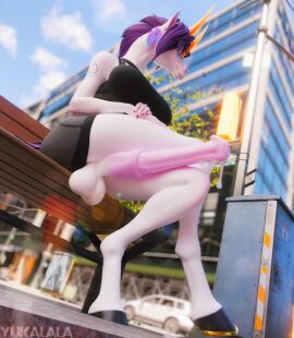 2025 3d_(artwork) absurd_res animal_genitalia animal_penis anthro balls bench big_penis bodily_fluids bottomwear breasts city clothed clothing cum cum_string digital_media_(artwork) equid equine equine_genitalia equine_penis erection femtoampere_(character) full-length_portrait futanari genital_fluids genitals hair hi_res hooves horn horse intersex mammal mythological_creature mythological_equine mythology on_bench penis pink_body portrait public public_erection public_exposure purple_hair shorts sitting sitting_on_bench solo unicorn yukalala