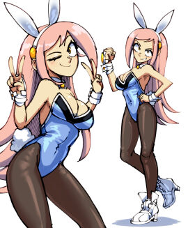 big_breasts blue_leotard breasts bunny_ears bunny_tail bunnysuit cleavage detached_collar fake_animal_ears fake_tail female gingjrjoke gingrjoke huge_breasts jeena_(spectrobes) leotard one_eye_closed pantyhose peace_sign pink_hair spectrobes thick_thighs v v_sign wide_hips wink winking_at_viewer wrist_cuffs yellow_eyes