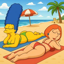ai_generated ass beach bikini blue_hair breasts cartoon family_guy lois_griffin marge_simpson milf milfs red_hair the_simpsons