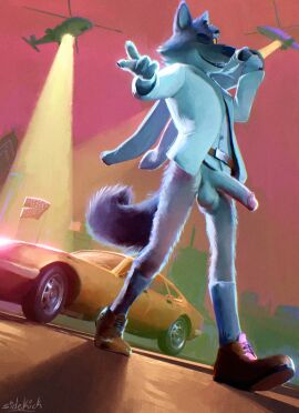 aircraft anthro balls bottomless canid canine canis car clothed clothing dreamworks genitals helicopter humanoid_genitalia humanoid_penis male mammal mr._wolf_(the_bad_guys) one_eye_closed outside pantsless penis sidekick solo_male the_bad_guys vehicle wink wolf