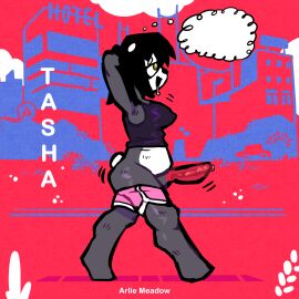 2024 anthro arlie_meadow bear belly big_breasts big_penis black_body black_clothing black_fur black_hair black_topwear bodily_fluids bottomwear breasts city clothing cloud drooling english_text fur futanari genitals giant_panda hair hands_behind_head hi_res intersex mammal nude penis pink_bottomwear pink_clothing pink_shorts public public_nudity saliva short_hair short_tail shorts solo tail tasha_(mitrotsky) text topwear walking white_body white_fur yellow_eyes