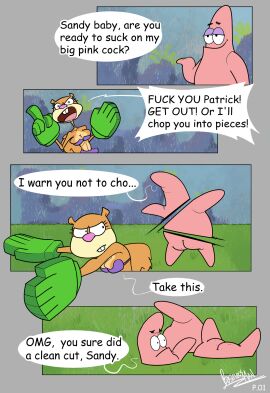 1boy 1girls angry anthro ass back_view bikini breasts brown_fur businessman_(artist) butt_cheeks chopped_up comic dialogue duo english_text female fluffy_tail frown furry gloves grass male mammal middle_finger nickelodeon no_sex nude nude_male open_mouth page_1 page_number patrick_star profanity rodent sandy_cheeks signature speech_bubble spongebob_squarepants squirrel starfish tail text tree_squirrel violence