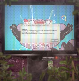 3_toes absurd_res ambiguous_fluids ambiguous_gender anthro blush bodily_fluids convenient_censorship curling_toes dazed dipstick_limbs ejaculation electronics english_text feet hi_res indigo_park kerchief kerchief_only lying mammal mostly_nude neckerchief neckerchief_only on_back orgasm procyonid raccoon rambley_raccoon salamikii solo spiral_eyes sweat sweatdrop tail television text toes