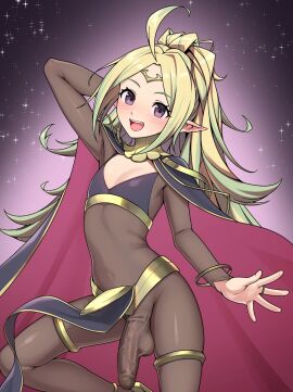 ahoge alternate_costume arm_behind_head blonde_hair blush bodystocking cape circlet cosplay covered_navel edit edited female fire_emblem fire_emblem_awakening flat_chest futa_only futanari gold_trim gradient_background green_eyes highres impossible_clothes intersex long_hair looking_at_viewer multicolored_hair nowi_(fire_emblem) pelvic_curtain pointy_ears ponytail sidelocks smile solo star_(sky) starry_sky_background tharja_(fire_emblem) tharja_(fire_emblem)_(cosplay) third-party_edit two-tone_hair yotubeya
