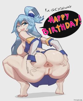 1girls anus aqua_(konosuba) ass_spread blue_eyes blue_hair dddoodles detached_sleeves female functionally_nude functionally_nude_female happy_birthday head_turned kono_subarashii_sekai_ni_shukufuku_wo! light-skinned_female light_skin looking_back pussy spread_anus spread_legs spreading squatting sweat sweaty_face vulva