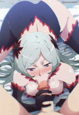 1boy 1girls :>= artist_name ass black_gloves blush breasts censored dungeon_ni_deai_wo_motomeru_no_wa_machigatteiru_darou_ka elbow_gloves eyelashes fellatio female freya_(danmachi) gloves grey_hair half-closed_eyes highres long_hair looking_at_viewer lying male male/female on_bed on_stomach oral paid_reward_available patreon_username pov pov_crotch purple_eyes solo_focus thighs web_address zuharu