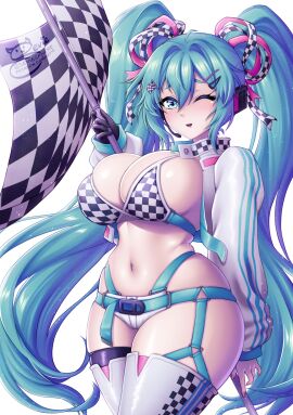 1girls alternate_breast_size aqua_eyes aqua_hair breasts cleavage female female_only fully_clothed goodsmile_racing hatsune_miku high_resolution huge_breasts light-skinned_female light_skin long_hair race_queen racing_miku revealing_clothes sevie skimpy_clothes stockings tight_clothing twintails vocaloid