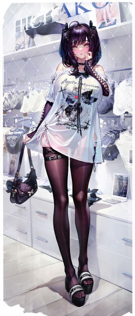 bag belt black_bow black_bowtie black_ribbon blurry blurry_background blush bow bowtie breasts choker collarbone dk.senie dress drooling elbow_gloves eyelashes feet female fine_fabric_emphasis fingerless_gloves frilled_sleeves frills full_body gloves hair_ornament hair_ribbon hand_up handbag heart heart-shaped_pupils highres holding indoors lace lace-trimmed_legwear lace_trim large_breasts legs long_hair looking_at_viewer mole mole_under_eye open_mouth original photo_background platform_footwear puffy_short_sleeves puffy_sleeves purple_gloves purple_hair purple_thighhighs ribbon sandals see-through see-through_shirt shadow short_dress short_sleeves skindentation solo standing swept_bangs symbol-shaped_pupils thigh_belt thigh_gap thigh_strap thighhighs thighs toenails toes twintails white_dress