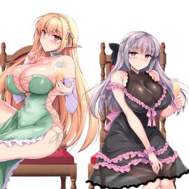 2girls alcohol black_bow black_ribbon blonde_hair blood_on_clothes blue_eyes blush bow braid breasts chair choker cleavage cocktail_dress crossed_bangs crown_braid cup detached_sleeves dress drinking drinking_glass elf elf_ni_inmon_o_tsukeru_hon female flower frilled_dress frills green_choker green_dress grey_hair hair_flower hair_ornament highres huge_breasts large_breasts long_hair multiple_females multiple_girls ninoko original pink_bow pink_sash pointy_ears ribbon sakurase_shino_(ninoko) sash side-tie_dress sitting sylpha_(ninoko) wine wine_glass yellow_eyes