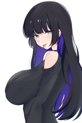 absurdres aqua_eyes blunt_bangs bocchi_the_rock! breasts female forked_tongue highres large_breasts latte looking_at_viewer off_shoulder pa-san simple_background smile snake_tongue solo split_tongue tongue tongue_out upper_body white_background