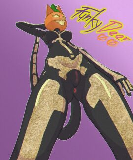 5:6 absurd_res anthro anus armpit_fetish bodysuit breasts clothing epic_games felid feline female food for_a_head fortnite fruit funkydeer00 genitals glowing glowing_eyes glowing_mouth halloween hand_on_head hi_res holidays low-angle_view mammal medium_breasts open_mouth plant pumpkin simple_background skinsuit solo spice_(fortnite) tail tight_clothing vulva