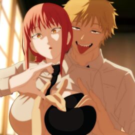 1boy 1girls boob_heart breast_grab breasts chainsaw_man denji_(chainsaw_man) divine_wine divine_wine_(vampiranhya) female grabbing_breasts heart-shaped_boob_challenge heart_hands heart_hands_duo makima_(chainsaw_man) male tagme