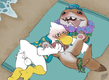 2_penises absurd_res anatid anatomically_correct animal_genitalia anseriform anthro anthro_on_feral anus ass ass_to_mouth avian balls beak beak_fetish beak_play beak_sex beakjob benji_(artist) bird blush bodily_fluids chastity_cage chastity_device clothed clothing cum cum_from_ass cum_in_ass cum_inside diphallia diphallism domestic_duck duck duck_pattern duo ejaculation erection feathers feet fellatio feral fish genital_fluids genital_slit genitals hand_on_penis headgear headwear hi_res interspecies jeff_the_land_shark male male/male mammal marine marvel marvel_comics marvel_rivals membrane_(anatomy) multi_genitalia multi_penis open_clothing open_shirt open_topwear oral oral_penetration penetration penile penis penis_in_mouth sex sex_on_the_beach shark shirt tail toes tongue topwear webbed_feet zoophilia