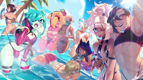 2024 2d 2d_(artwork) 9boys animal_humanoid asmo_(matemi) ass beach blonde_hair blue_eyes blush body_markings bulge bulge_through_clothing cat_boy catboy clothed clothing collaboration cyan_body cyan_hair cyan_skin femboy femboy_only gattles gay giri_(zephyrgales) highres joey_(krekk0v) kittbetelgeuse krekk0v light-skinned_femboy light-skinned_male light_skin lightsource lyuka male male_only male_with_painted_nails markings matemi multiple_artists multiple_boys multiple_males murasaki_(lightsource) narrowed_eyes nova_(sotcho) on_phone one_eye_closed original original_character original_characters phone pink_body pink_hair pink_skin pride_month_2024 purple_eyes qt0ri sotcho submerged swimsuit tail tan_body tan_skin tan_skinned_male v_sign velo_(kittbetelgeuse) water white_hair wink yaoi yellow_eyes yonu_(qtori) yun_(lyuka) zephyrgales