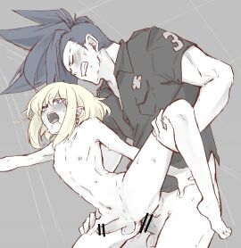 2boys anal anal_sex aus_vaka bottomless censor_bar censored censored_penis clothing erect_while_penetrated femboy femboy_penetrated galo_thymos gay gay_sex lio_fotia male monochrome penis petite petite_body petite_male pleasure_face pleasured_face promare size_difference slim slim_male slim_waist twink yaoi