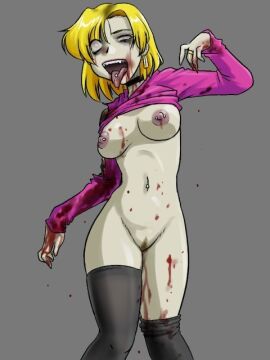 1girls bite blonde_hair choker earring female hungry infected leggings pierced_belly_button pierced_nipples piercing piercings pubes pubic_hair pussy pussy_hair ring tongue_piercing torn_clothes undead zombie_girl