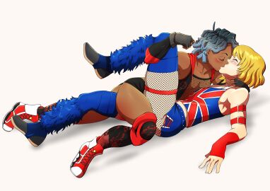 2boys blonde_hair blue_hair blush british catfight chocolate_and_vanilla dark dark-skinned_femboy dark-skinned_male dark_skin dreadlocks femboy femboy_on_femboy femboy_only fishnets gay interracial kissing legwear light-skinned_femboy light-skinned_male light_skin male male_only original twink unknown_artist white_background wrestling wrestling_outfit yaoi