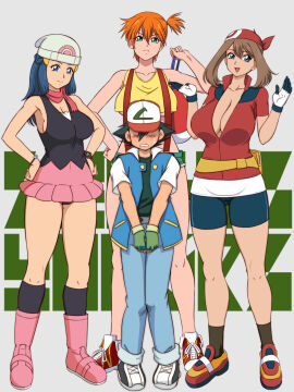 1boy 3girls adapted_costume age_difference aged_up ash_ketchum asymmetrical_hair bandana bare_legs baseball_cap beanie bike_shorts black_hair blue_eyes blue_hair blush boots breasts brown_hair cleavage cowboy_shot creatures_(company) curvy dawn_(pokemon) denim denim_shorts female game_freak glamour_works gloves green_eyes green_hair gym_leader hair_ornament hat height_difference highres huge_breasts kasumi_(pokemon) large_breasts legs legs_together long_hair looking_at_viewer male may_(pokemon) miniskirt multiple_females multiple_girls navel nintendo nipples open_mouth orange_hair pants pink_footwear pokemon pokemon_(anime) pokemon_(classic_anime) pokemon_dppt_(anime) pokemon_rse_(anime) ponytail red_hair red_scarf satoshi_(pokemon) scarf shirt shoes short_hair short_shorts shorts side_ponytail simple_background size_difference skirt sleeveless smile sneakers socks solo standing straight suspenders tank_top thick_thighs thighs underboob underwear unzipped wide_hips yellow_shirt yellow_tank_top