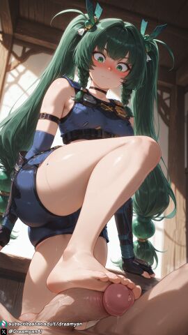 1girls ai_generated android barefoot big_penis breasts clothed clothed_female curvy curvy_body curvy_female dreamyan_ai embarrassed feet flustered foot_focus footjob green_eyes green_hair hi_res high_quality high_resolution highres leg_up long_hair medium_breasts qingyi_(zenless_zone_zero) thick_ass thick_thighs thighs toes twintails uncensored zenless_zone_zero