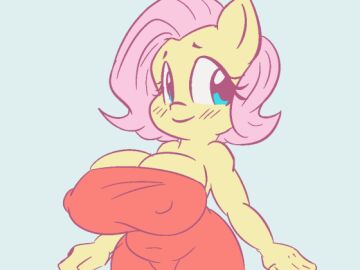 4:3 animated anthro anthrofied big_breasts bouncing_breasts breasts breasts_out clothing dress equid equine female flashing fluttershy_(mlp) friendship_is_magic hair hasbro huge_breasts mammal my_little_pony nipples pink_hair short_playtime snus-kun solo tongue tongue_out yellow_body