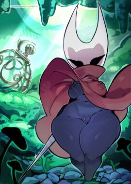 2025 anthro arthropod big_breasts black_body black_eyes breasts cape clothing disabledfetus female front_view genitals hi_res holding_melee_weapon holding_object holding_weapon hollow_knight hornet_(hollow_knight) innie_vulva melee_weapon non-mammal_breasts pussy red_cape red_clothing sewing_needle short_stack solo team_cherry thick_thighs vulva weapon wide_hips