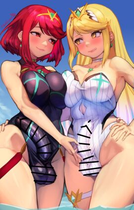 2futas balls bar_censor bare_shoulders big_breasts big_penis black_one-piece_swimsuit blonde_hair blush bottomless breasts bulge censored cleavage clothed clothing cowboy_shot dickgirl duo erection erection_under_clothes female futa_only futanari highres human intersex large_breasts light-skinned_futa light_skin long_hair multiple_females multiple_girls mythra mythra_(radiant_beach)_(xenoblade) mythra_(xenoblade) one-piece_swimsuit partially_clothed penis pyra pyra_(pro_swimmer)_(xenoblade) pyra_(xenoblade) r123 red_eyes red_hair short_hair skin_tight standing strapless strapless_one-piece_swimsuit swimsuit white_one-piece_swimsuit xenoblade_(series) xenoblade_chronicles_(series) xenoblade_chronicles_2 yellow_eyes