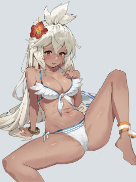 ahoge ankle_ribbon bare_shoulders barefoot bikini blush bracelet breasts cameltoe cleavage cowlick dark-skinned_female dark_skin female flower front-tie_bikini_top front-tie_top granblue_fantasy hair_between_eyes hair_flower hair_ornament hibiscus highres jewelry leg_ribbon long_hair looking_at_viewer medium_breasts navel official_alternate_costume open_mouth pussy red_eyes ribbon side-tie_bikini_bottom sitting smile solo spread_legs sweat swimsuit white_bikini white_hair wuzhu_nis zooey_(granblue_fantasy) zooey_(summer)_(granblue_fantasy)