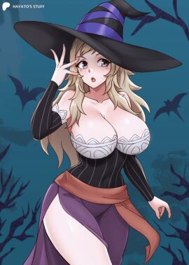 1girls artist_name bare_legs bare_shoulders bat big_breasts blonde_hair breasts cleavage cosplay curvy detached_sleeves dragon's_crown dress female female_only fire_emblem fire_emblem_fates grey_eyes hat hayato_stuff headwear huge_breasts large_breasts long_hair ophelia_(fire_emblem) solo sorceress_(dragon's_crown) sorceress_(dragon's_crown)_(cosplay) thighs witch_hat
