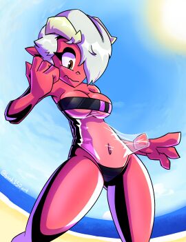 4_fingers absurd_res beach beach_background belly_button bonk150 breasts cleavage demon demon_girl demon_horns embarrassed eyebrows eyebrows_raised eyebrows_visible_through_hair female gold_eyes gris_swimsuit hair hair_over_one_eye hi_res looking_at_breasts looking_down looking_down_at_self nervous nightie_(bonk150) pink_body pink_skin pointy_ears pointy_fingers pulling_clothing red_body red_skin see-through see-through_clothing see-through_swimsuit shiny_body silver_eyebrows silver_hair skin_tight skindentation sun sunlight swimsuit swimsuit_pull tight tight_clothing tight_fit tugging_clothing underboob undersized_clothes