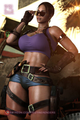 1girls 3d african african_female big_breasts breasts brown_eyes brown_hair capcom cleavage curly_hair dark-skinned_female dark_skin female female_only fully_clothed grey_shorts large_breasts looking_at_viewer navel pristinerenders resident_evil resident_evil_5 sheva_alomar short_shorts shorts smooth_skin solo solo_female sunglasses thick_lips thick_thighs tinted_eyewear