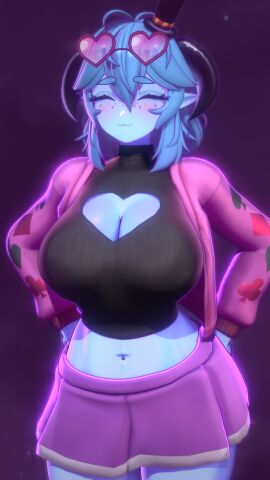 1girls belly belly_button belly_piercing big_breasts blobcg blue_body blue_hair blue_skin boob_window breasts demon demon_girl demon_horns devil devil_girl devil_horns female female_only glasses glasses_on_head hat huge_breasts jacket large_breasts massive_breasts medium_hair opaluva opaluva_(character) piercing pose posing skirt succubus sweater thick_hips thick_legs thick_thighs