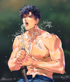 1boy blue_eyes blue_hair blurry blurry_background collarbone denim holding holding_hose hose jeans looking_at_object male male_focus male_only multicolored_eyes multicolored_hair muscular muscular_male navel nipples open_mouth original pants parted_bangs pink_eyes shirtless shirtless_male short_hair solo spraying streaked_hair teeth tomcat_li two-tone_eyes upper_body upper_teeth_only wet